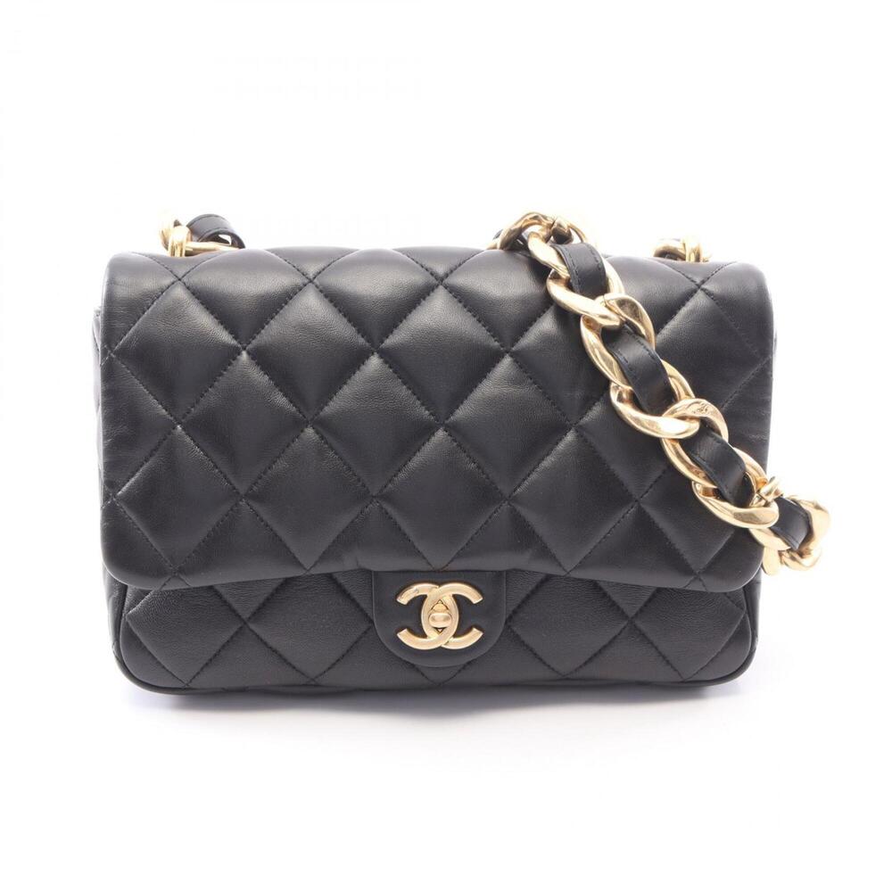 Chanel Large Flap Bag Matelassé Shoulder Handbag Lambskin Leather Women's Black